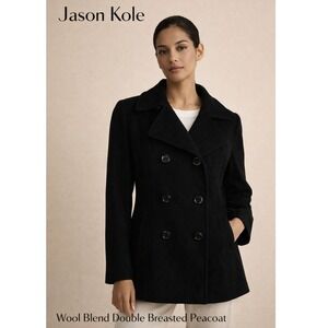 Jason Kole Women's Size M Black Wool Blend Peacoat Jacket 6 Button Long Sleeve